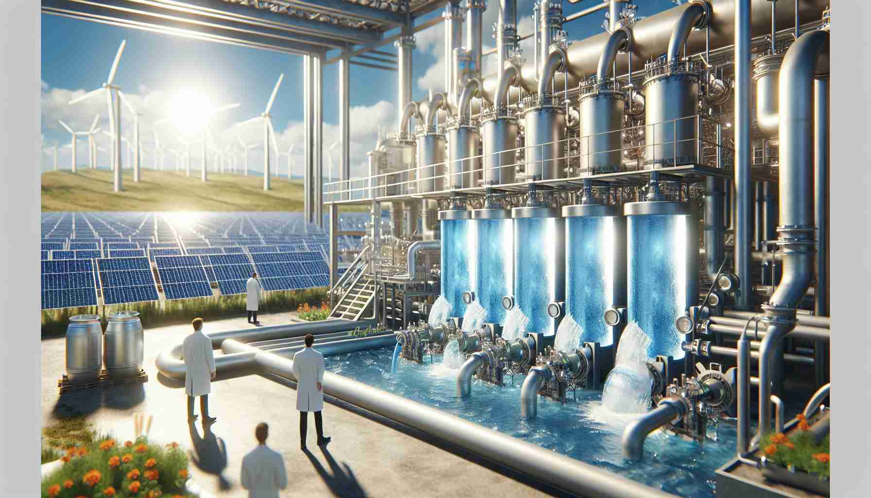 A high-resolution realistic image showcasing the future of water desalination technology for sustainability. The scene should include intricate machinery with pipes and water tanks, demonstrating how seawater enters and exits as fresh drinkable water. The machinery is powered by renewable energy sources like solar panels or wind turbines in the backdrop, representing the sustainable aspect. Additionally, there should be scientists of various descents and genders observing and controlling the process. The overall mood should be optimistic, symbolizing hope for the future.