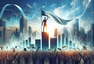 Through a high definition image, realistically portray the concept of soaring investment opportunities brought about by a financial revolution named 'RCO'. The main focus of the image could be a symbolic representative (not a real person) of RCO, perhaps holding a flag or leading a crowd, standing atop ascending graphs and charts. The background might feature skyscrapers symbolizing the financial district. Please also include the phrase 'Investment Opportunities Soar with RCO Finance Revolution' in a fitting location within the image, perhaps in the sky to align it with the soaring theme.