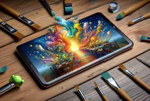 High-definition and realistic image of a concept titled 'Innovations Bringing Painting to Life on Android Devices'. The image should showcase an Android smartphone lying flat on a wooden table, with a vivid painting being displayed on the screen. The painting should appear to come to life, with elements of the painting extending out of the screen in a 3D-like effect to create an illusion of reality. There should be a blend of various colors, with a balance of warm and cool tones to make the painting alluring and eye-catching. Brushes and other painting tools are scattered around the device.