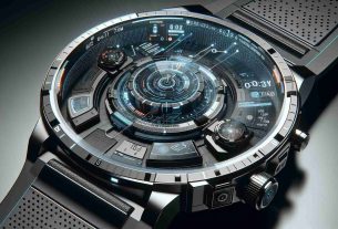 Create a high-definition, realistic image of a groundbreaking design: a hyper-science fiction style watch. It should feature advanced technology and futuristic aesthetics. The design can include features like hologram displays, touch-sensitive surfaces, and innovative materials. It might also integrate with other technologies, such as artificial intelligence or robotics. The watch band should be sleek and modern, and the watch face must exhibit complex and futuristic digital interfaces.