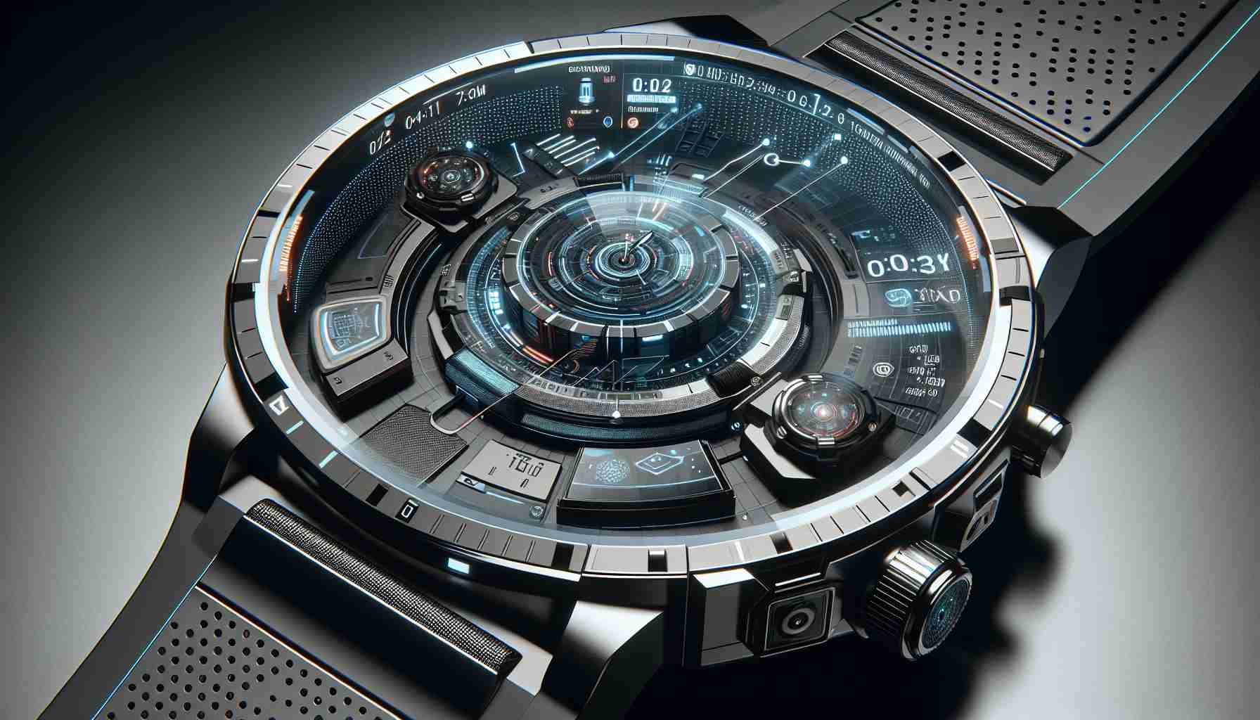 Create a high-definition, realistic image of a groundbreaking design: a hyper-science fiction style watch. It should feature advanced technology and futuristic aesthetics. The design can include features like hologram displays, touch-sensitive surfaces, and innovative materials. It might also integrate with other technologies, such as artificial intelligence or robotics. The watch band should be sleek and modern, and the watch face must exhibit complex and futuristic digital interfaces.