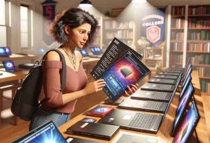 A hyper-realistic, high-definition image of a person in a college setting, actively choosing the perfect laptop for their needs. The person, a young Hispanic woman, is in a brightly lit room filled with various laptop models on a table. She is thoroughly inspecting them, looking at the specifications with an attentive eye. She is holding a checklist, possibly containing the necessary features she's looking for - processor speed, memory size, battery life, and portability. The room is decorated with college-related elements like textbooks, backpacks, collegiate banners, and more. Her expression of careful selection indicates the importance of this decision.