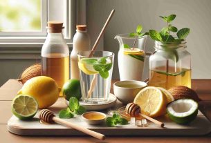 A high-resolution, realistic image depicting delicious alternatives to apple cider vinegar for daily intake. This includes a glass of fresh lemon water, a cup of green tea, a bottle of organic coconut vinegar, and a spoonful of honey. These alternatives are arranged on a wooden kitchen counter, with a minimalist ambiance. Healthy fruits for enhancing the taste like slices of lemon, fresh mint leaves, and a jar of organic local honey are also present in the scene.