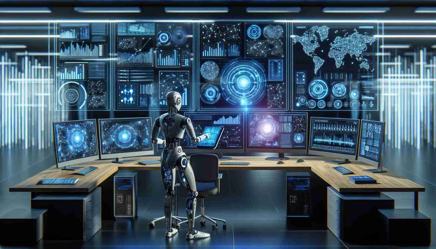 A high-definition, realistic image of an advanced technological setting where artificial intelligence is revolutionizing sales processes. It should depict computers with multiple screens displaying various graphs and analytics data, a futuristic AI interface glowing with intricate networks and algorithms, and perhaps even a humanoid robot holding a digital tablet, showing sales forecasts or strategies. This scene symbolizes the cutting-edge AI technology being leveraged to streamline and optimize sales processes.