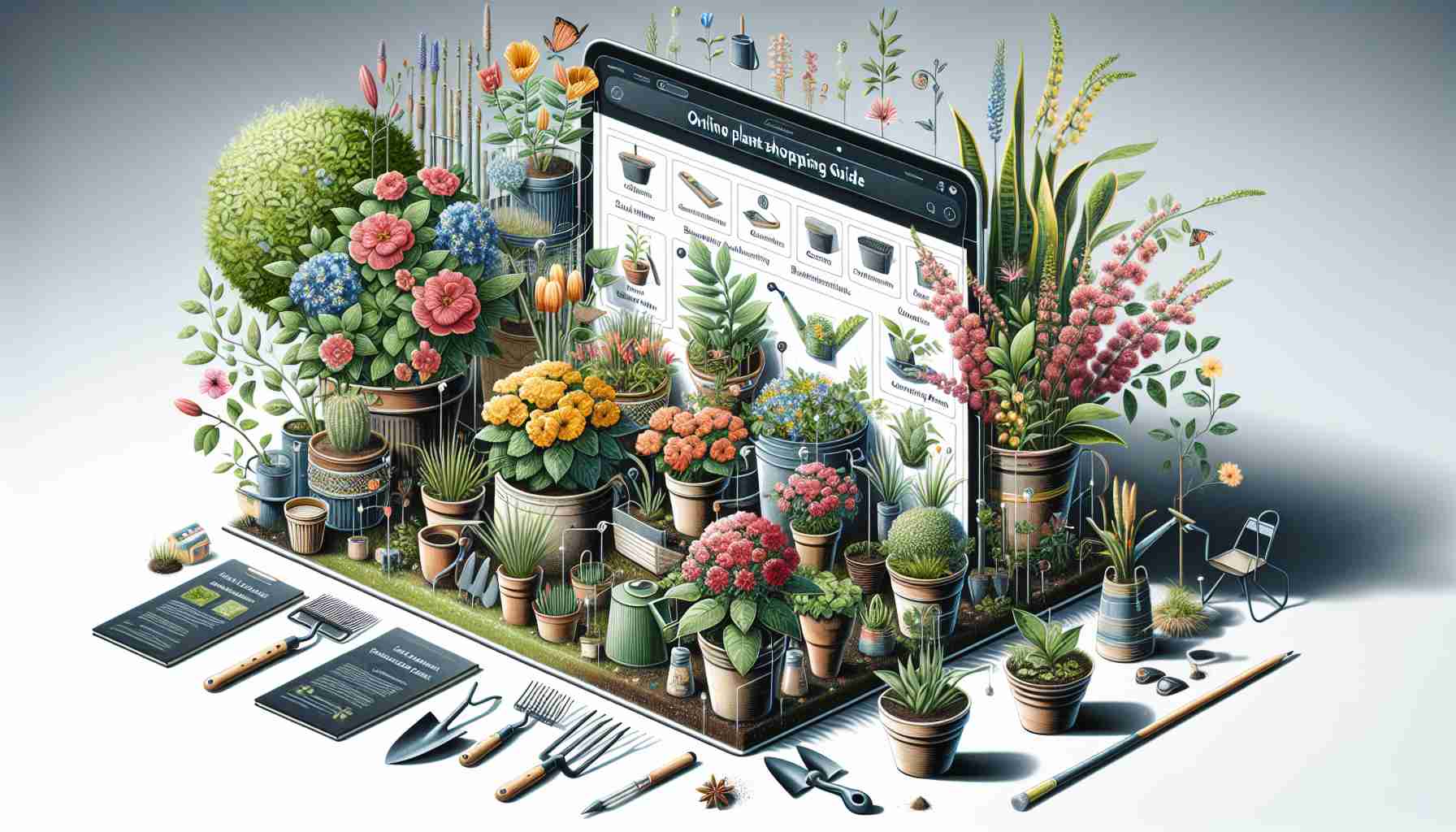 An high resolution and lifelike image of a visual interpretation of an online plant shopping guide. The image should include various sections such as 'Essential Garden Tools and Accessories', 'Best Seasonal Plants', 'Indoor and Outdoor Plant Varieties', and 'Care Instructions'. There should also be visual depictions of a variety of plants and flowers, gardening tools, soil, and pots. The guide should be comprehensive and easy to navigate, representing the delight of gardening.