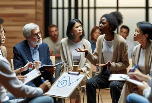 High-definition image of a neutral public forum where discourse on divisive topics is being addressed. The scene consists of a diverse group composed of a middle-aged South Asian male mediator, young black female participant passionately voicing her opinion, and an older Caucasian gentleman listening intently. Around them is a Hispanic woman conveying her point with a diagram on a flipchart and an East Asian man taking detailed notes. The atmosphere is of respectful and engaged discussion and the background suggests a commonly used public space, like a town hall.