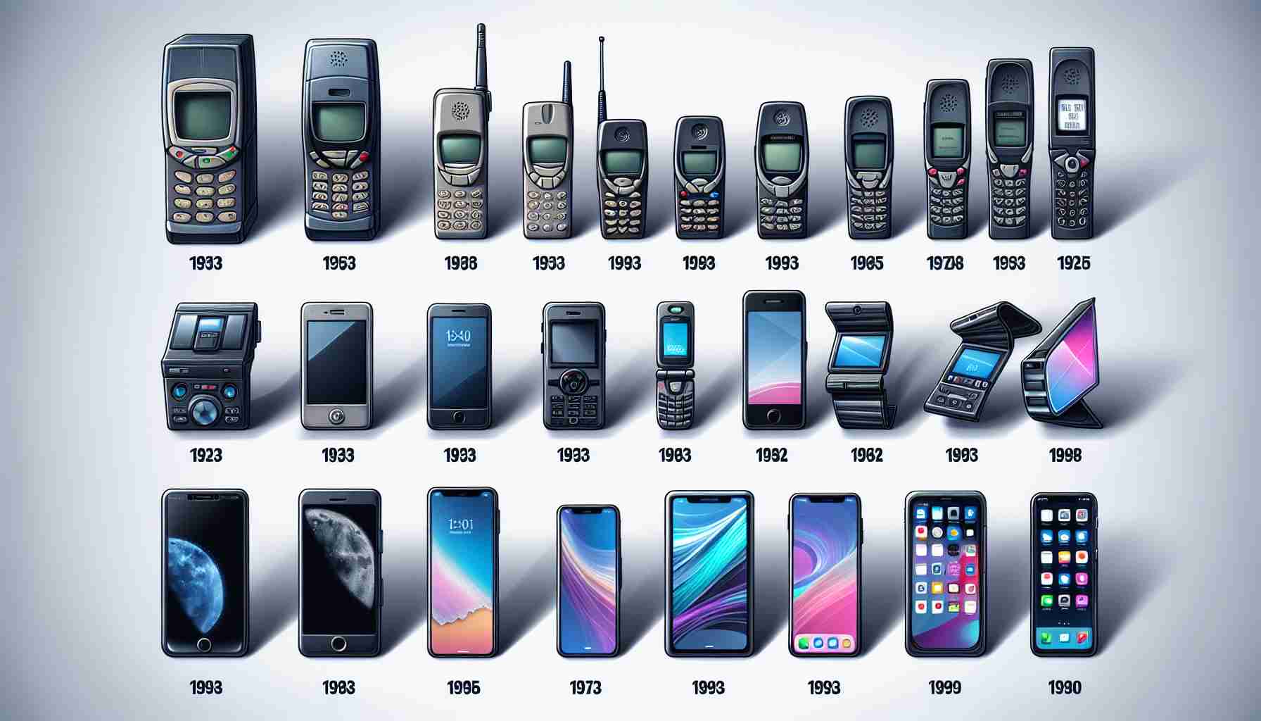 Create an image pursuing a realistic and high-definition perspective on the evolution of smartphone technology. Illustrate this process through various stages, separated by time, starting from large, clunky mobile phones of the past with minimal functionality, towards flip phones, succeeded by early smartphones with basic internet access and small screens, expanding to modern, sleek touchscreen phones that are plentiful with apps and advanced features, and finally proceeding to future concepts of foldable or holographic screens. Indicate each stage's respective era by its distinctive designs.