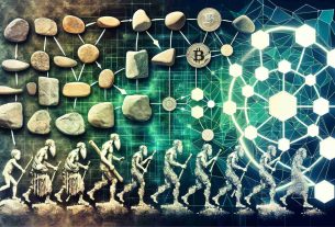 Generative HD image that represents the evolution of decentralized governance within blockchain systems. The scene should show an ancient civilization using stones or similar materials for transactions signifying the early state of human governance. This evolves through different stages like bartering, use of coins, paper money, and digital representation of currency, ending with a modern, abstract blockchain network. The blockchain could represented by interconnected geometric shapes, with each node showing a unique decision-making power illustrating the concept of decentralized governance.