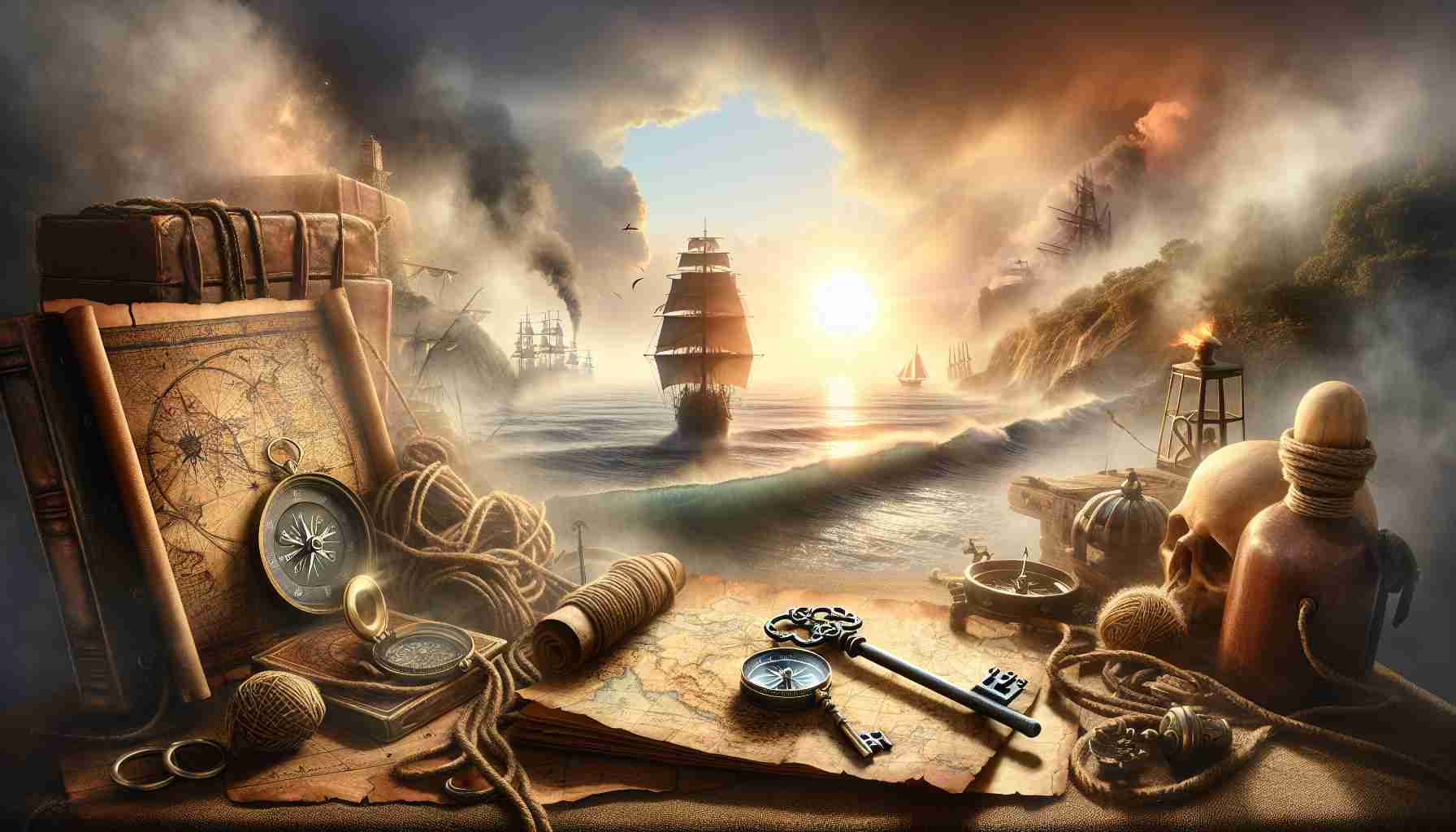 A high-definition, realistic image of an intriguing scene suggestive of a journey into the unknown, possibly connected to a character named Agatha. It could incorporate elements like a dusty old map, a sailing ship, a compass, maybe a key suggesting the 'unlocking of mysteries', and perhaps a sun setting over the unfamiliar landscape or foreign landmarks in the distance. The overall tone should be of adventure and discovery.