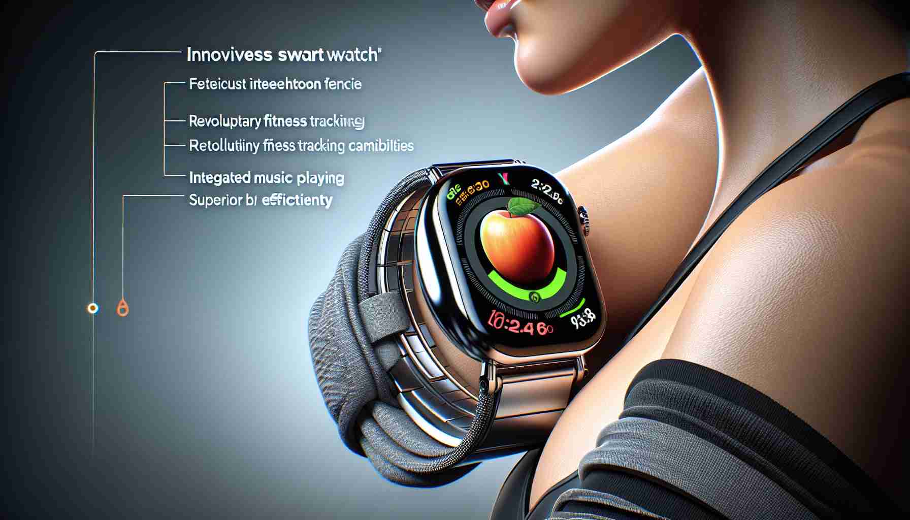 A high-definition, realistic illustration featuring the innovative attributes of a fresh model of a smartwatch, named 'X'. The image should showcase the watch's sleek design on the wrist of a person and highlight its special features including a vibrant touchscreen interface, revolutionary fitness tracking capabilities, integrated music playing functionality, and superior battery efficiency. The smartwatch should gleam with a polished metal finished body wrapped around an angular band. The person wearing the watch can be a Middle-Eastern woman in casual attire.