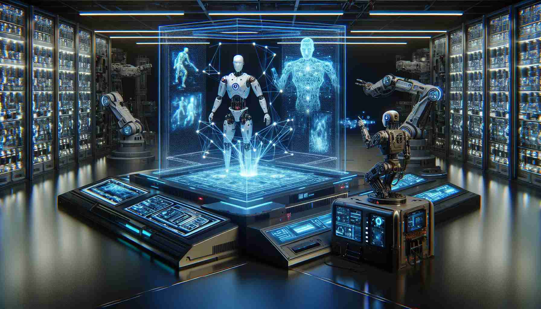 High-definition image of a groundbreaking training setting for robots. The scene portrays an artificial intelligence system generating realistic illustrations to aid in the training process. The central area of the composition contains a robot mid-training, receiving instructions from a complex AI system in the background. The AI machine showcases a large digital screen, emanating holographic images that the robot is interacting with. This image encapsulates the futuristic advancements in technology, specifically in the robotics and AI field.