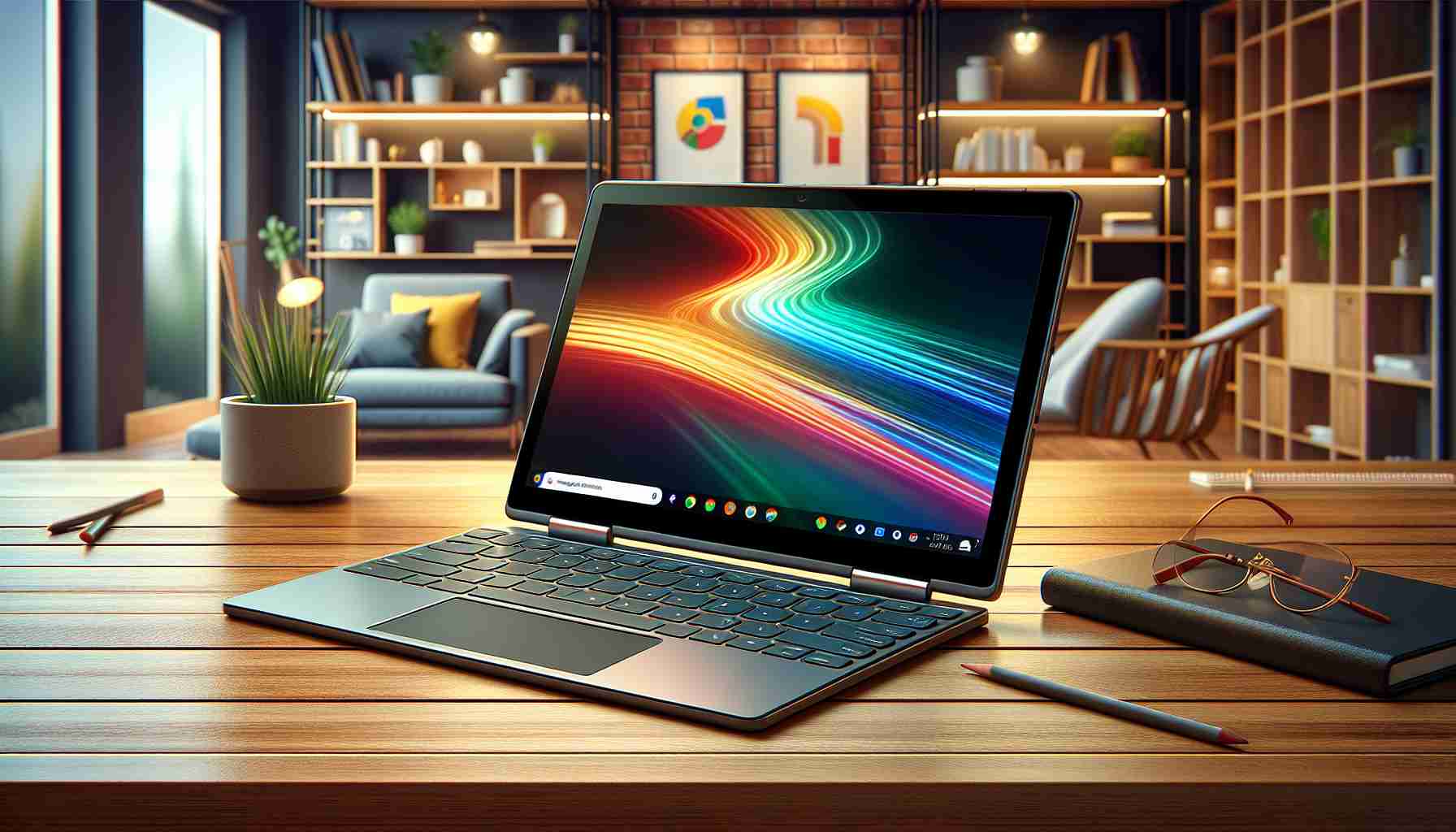 Generate a high-definition realistic photo of a versatile 2-in-1 detachable laptop with an 11 inch screen, similar to popular models of Chromebooks. The image should show the laptop in an open state with its screen alive with color. The detachable keyboard should be connected, signaling it's ready for use. The laptop's versatility should be highlighted by displaying it in a setting that hints at both leisure and work, like a home office room furnished with elements conveying productivity and relaxation at the same time.