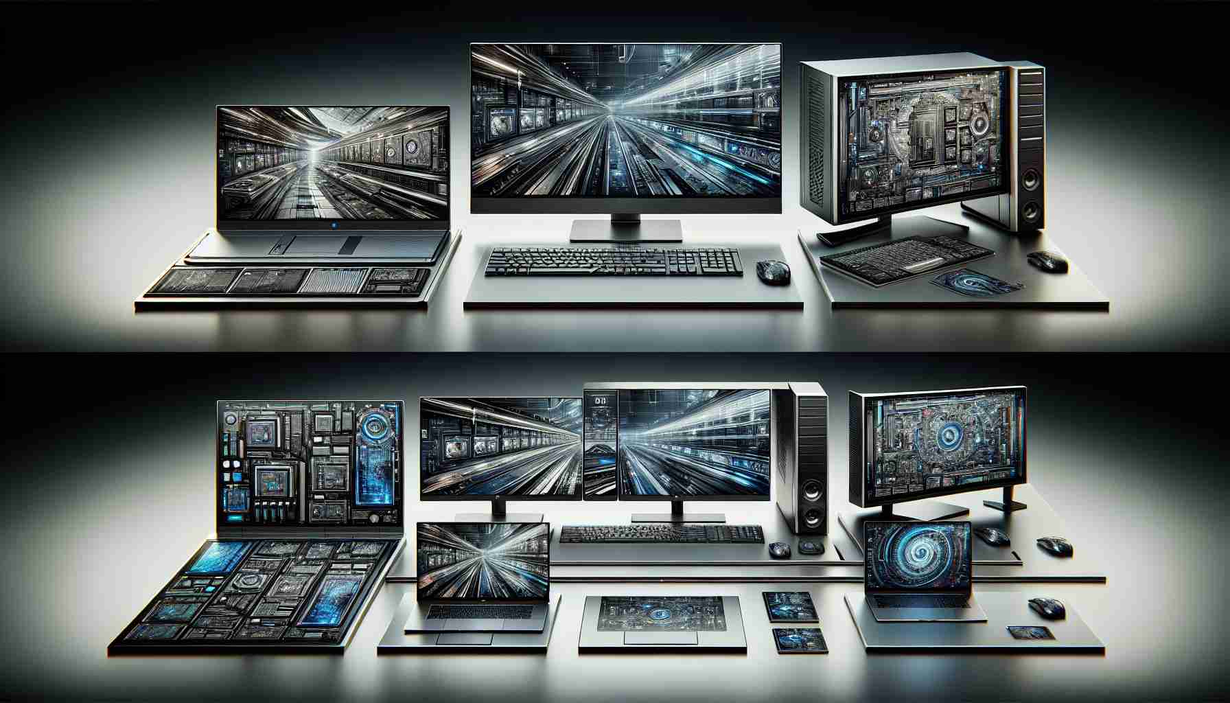 High-definition image depicting envisioned changes, improvements and additions to a tech company's computer lineup. This includes laptops, desktops and all-in-one computers. The range displays sleek design, advanced specifications and futuristic technology. The design elements show the progression of technology - thinner profiles, larger screens, and advanced keyboard styles. Colors may include variations of silver, grey, black and white. No specific branding or logos should be visible.