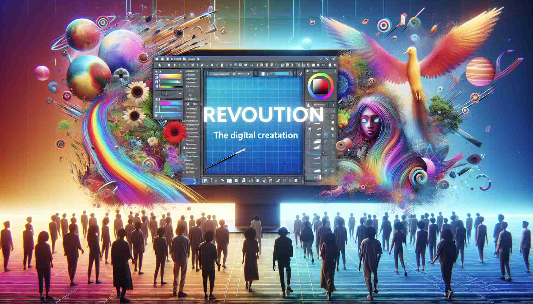 High definition, realistic style rendering of a scenario denoting a revolution in the digital art world. Showcase an innovative, free artistic creation software. Envision the software interface with multiple tools for artistic creation such as painting, sketching, and sculpting. The screen is full of vibrant colors. Also, depict users of diverse descents and genders confidently navigating this transformative technology, exemplifying the accessibility and diversity in the digital art world.