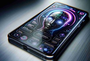 A highly detailed, HD photo of a cutting-edge smartphone exhibiting advanced AI features. The smartphone sits on a sleek metal surface, the luminescent screen showcasing exciting AI software, such as facial recognition and predictive texting. Bright infographics detail these novel functions, a visual triumph of technology, marrying smooth design aesthetics with groundbreaking artificial intelligence capabilities.