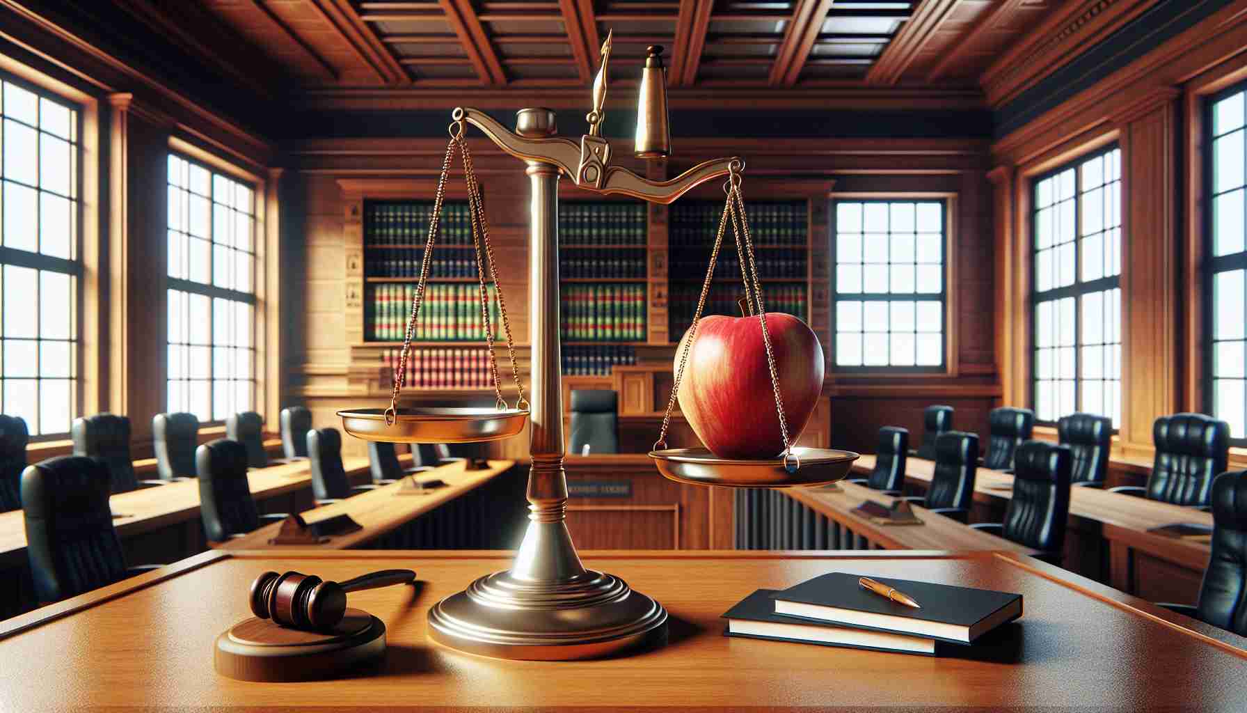 High definition image depicting a symbolic representation of a legal victory for a tech company. Picture a courtroom with a balanced scale, where one side outweighs the other significantly, indicating a win. On the heavier side, an apple could be depicted, signifying the victorious tech company. The lighter side could hold a thick bundle of paper, representing the vanquished lawsuit. The room should have legally-themed decor - wooden walls, a judge's gavel on table, large windows providing natural light, etc. The scene should reflect a serious, respectful tone to respect the institution of law.