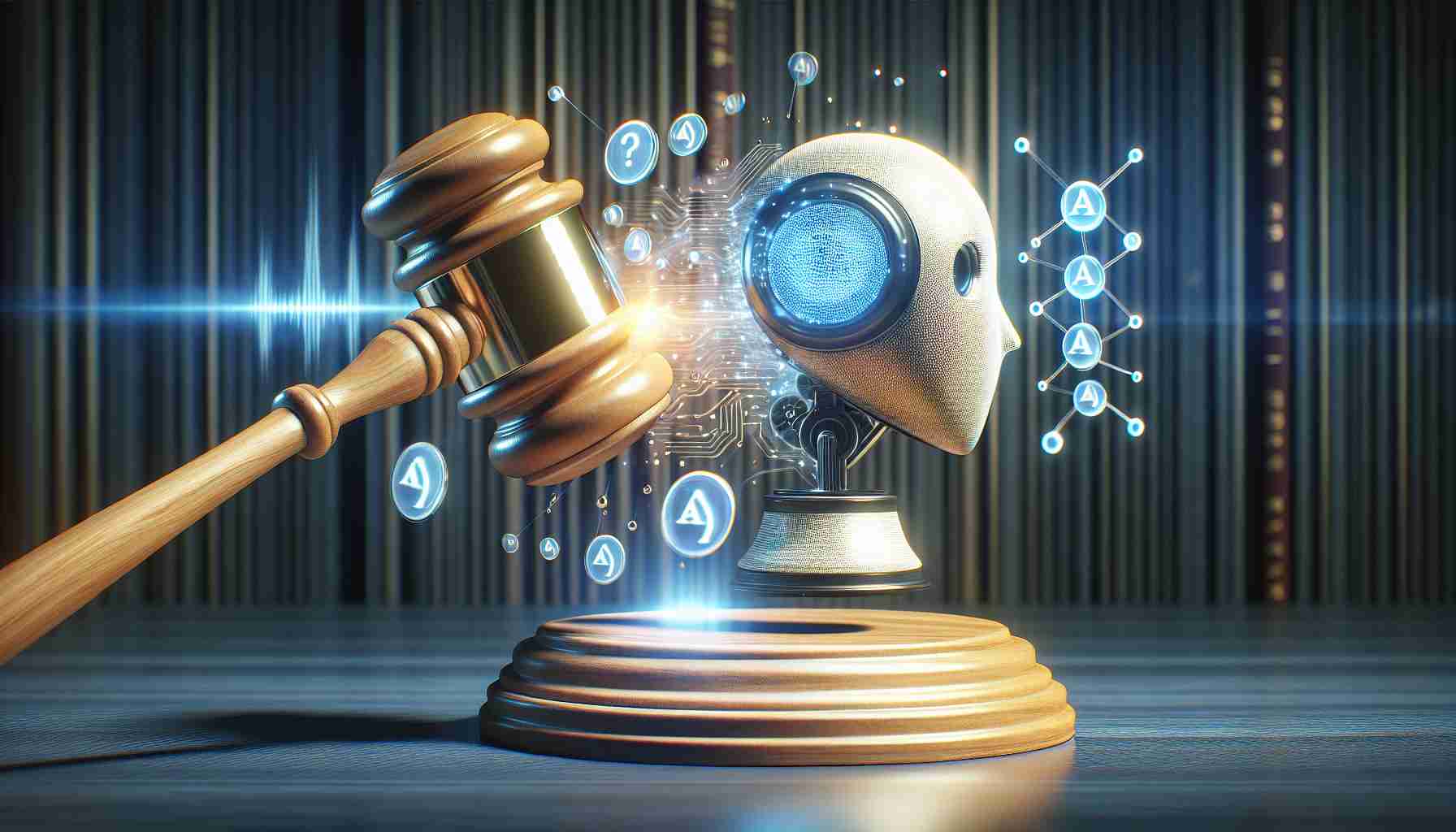 A realistic, high-definition representation of a conceptual scene showing the sparking of a legal action due to concerns over the influence of AI chatbots. This could be symbolized by a gavel hitting a stand, symbolizing legal action, with an AI chatbot represented as an abstract machine design emitting signals representing influence, all in a courtroom setting. This image should be very detailed.