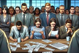 Depict a high-definition, realistic scene of a diverse group of employees facing the consequence for misusing meal credits at a large tech corporation. The scene can include individuals of various descents and genders, looking distressed or upset. Perhaps, there can be a corporate policy on display or discard meal receipts symbolizing misuse of the credits.