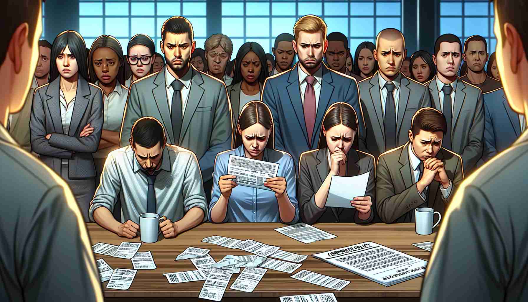 Depict a high-definition, realistic scene of a diverse group of employees facing the consequence for misusing meal credits at a large tech corporation. The scene can include individuals of various descents and genders, looking distressed or upset. Perhaps, there can be a corporate policy on display or discard meal receipts symbolizing misuse of the credits.