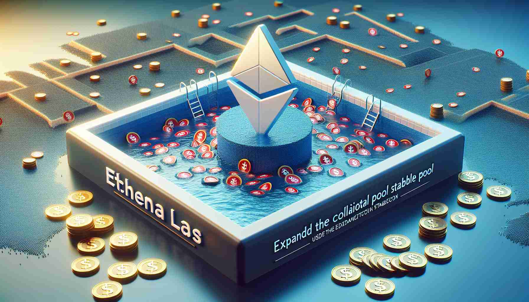 A high-definition photorealistic image depicting the concept of Ethena Labs seeking to expand the collateral pool for USDe Stablecoin. It features symbol of Ethena Labs, a pool overflowing with USDe Stablecoins and a vast open area symbolizing expansion.