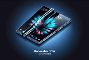 Create a realistic high-definition illustration of a state-of-the-art foldable smartphone with a text overlay that reads 'Unbeatable Offer Now Available!'. The device should be aesthetically pleasing, modern and showcase advanced features like a high-resolution display, multiple cameras, a sleek, foldable design, and the latest user interface.