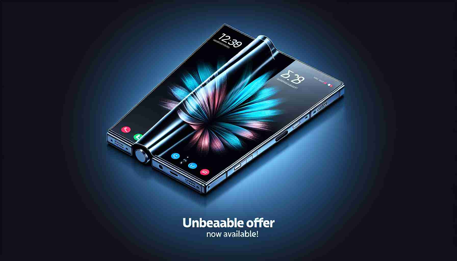 Create a realistic high-definition illustration of a state-of-the-art foldable smartphone with a text overlay that reads 'Unbeatable Offer Now Available!'. The device should be aesthetically pleasing, modern and showcase advanced features like a high-resolution display, multiple cameras, a sleek, foldable design, and the latest user interface.