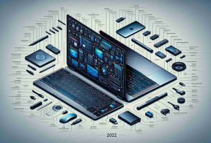 A highly detailed and realistic illustration featuring two distinct laptop models side by side, each representing different specifications for 2022. The laptop on the left is sleek, thin, and has a larger display whereas the one on the right has a smaller screen but offers more ports. Features such as the keyboard layout, trackpad, speakers, and logos are vividly presented. Some notable differences in design, features, and specifications are clearly highlighted for the viewer to easily spot and compare. Special emphasis is put on the advancements and changes made in 2022.