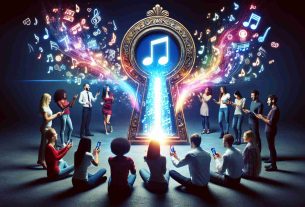 A high-definition, realistic representation of the concept: 'Unlock the Power of Shared Playlists with Your Friends'. The image shows a group of diverse friends, with a mix of gender and ethnicity such as Caucasian female, Black male, Asian female, and Hispanic male, gathered around a glowing, large, antique keyhole in the shape of a musical note. The keyhole is displaying a vibrant array of musical notes and symbols flowing out from it and into the friends' smartphones which are in their hands, symbolizing the sharing of playlists. The atmosphere is filled with joy and unity.