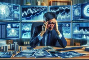 A high-definition image depicting the controversy surrounding cryptocurrency as experienced by an Asian business tycoon. The scene shows a detailed office environment with multiple monitors displaying various graphs and statistics related to digital currency. Amidst this digital chaos, a middle-aged Asian man is shown visibly upset and in deep thought.