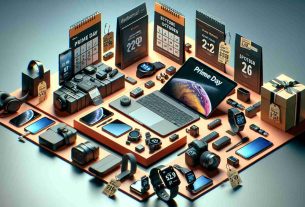 High definition, realistic image showcasing a variety of new, state-of-the-art technology products on sale. Arrange the items on a catchy layout that emulates a prime day event in October. The devices should include things like laptops, smartphones, headphones, and smartwatches, with visible discount tags attached to them. The scene should also include a calendar or something symbolizing October in the background.