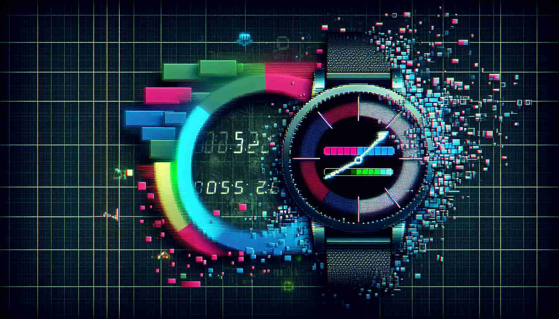 Create a high-definition, realistic image representing an abstract concept of a software update for a smartwatch being delayed due to technical glitches. Illustrate this using elements such as the smartwatch displaying an error message or progress bar stuck at a certain percentage, and pixelated or glitchy graphics that symbolize the technical issues.