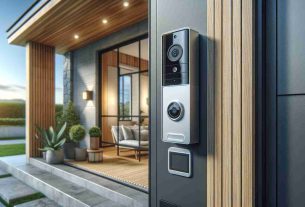 A high-definition, realistic image showcasing the implementation of the latest doorbell technologies to enhance the security of a home. The image should depict a modern doorbell with an integrated security camera and motion sensor. The camera is sleek and compact, blending seamlessly with the design of the doorbell. A touch panel is present on the doorbell for controls. The entrance exemplifies a secure, contemporary home equipped with cutting-edge technology.