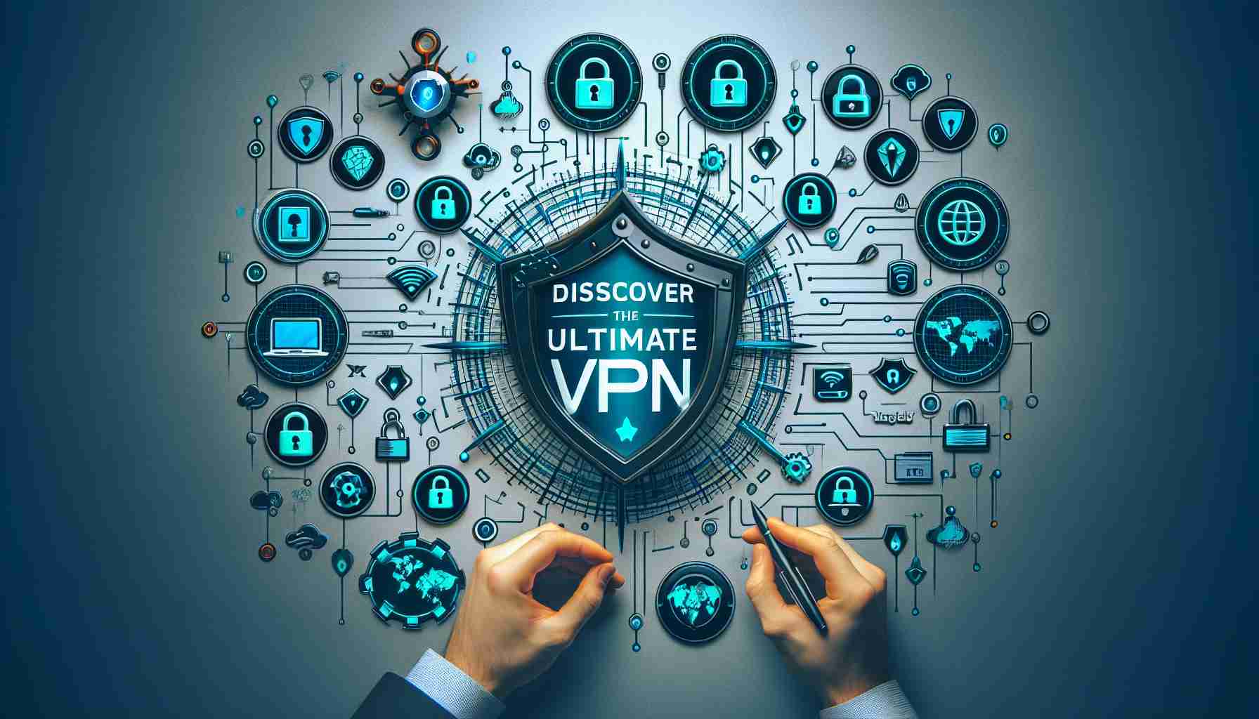 Generate a realistic, high-definition image which depicts the concept of 'Discover the Ultimate VPN Experience'. Include symbols related to cybersecurity such as padlocks, secure network icons and key rings. Visualize a defensive shield, representing ultimate protection. The phrase 'CybeGuard' should be prominently displayed, suggesting it as a formidable VPN provider.