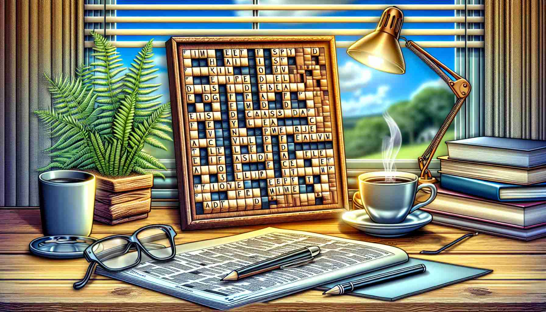 A hyper-detailed, high definition illustration displaying a mini crossword puzzle filled with intriguing and challenging words. Visible alongside is a captivating background consisting of a neatly laid out desk, a reading lamp, a steaming cup of coffee and a hint of a pleasant outdoor scenery through a window.