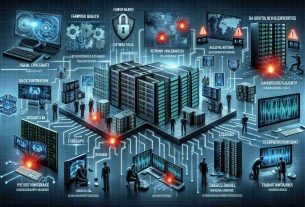 An image illustrating the concept of a cyber attack on a large digital archive. Picture symbols of firewall breaches, network vulnerabilities, and aggressive digital attempts breaking through the defenses. Also, visualize expressions of security concerns like alert flags, warning signs, and tense individuals trying to mitigate the issue. Lastly, show the physical hardware that makes up the archive being impacted, with streams of corrupt data visualized. Create a high-definition visual with a realistic style.