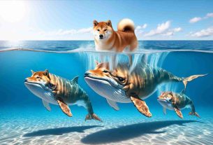 Realistic high-definition image showcasing an unusual phenomenon where Shiba Inu dogs are transitioning into whale-like creatures and swimming away into the clear ocean, causing an anticipative projection of a ripples effect within the surrounding water.