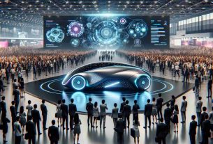 A high-definition, realistic portrayal of a futuristic smart vehicle reveal at an innovative technology event. Picture a modern convention hall filled with attendees of various descents - Black, Asian, Caucasian, Hispanic, Middle-Eastern, and others. In the spotlight is an avant-garde, sleekly designed smart vehicle. It hovers, hinting at advanced propulsion technology. Crowds gather, marveled by the intricate LED light patterns on the vehicle's shell, reflecting the advanced AI and sensor arrays implemented. The backdrop features gigantic digital displays showcasing state-of-the-art technological breakthroughs.