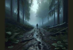 An HD, hyper-realistic image that narrates a scene from a storyline titled 'On the Trail of Revenge'. This scene features a foggy forest trail, damp from the recent rain. There are footprints visible in the wet mud, showing that someone has recently walked through the area. A shadowy, mysterious figure can be seen faintly in the distance, following the trail with a determined look on their face. The air is tense and the atmosphere suggests an impending confrontation.