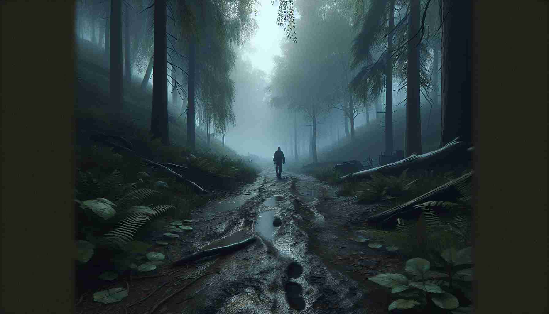 An HD, hyper-realistic image that narrates a scene from a storyline titled 'On the Trail of Revenge'. This scene features a foggy forest trail, damp from the recent rain. There are footprints visible in the wet mud, showing that someone has recently walked through the area. A shadowy, mysterious figure can be seen faintly in the distance, following the trail with a determined look on their face. The air is tense and the atmosphere suggests an impending confrontation.