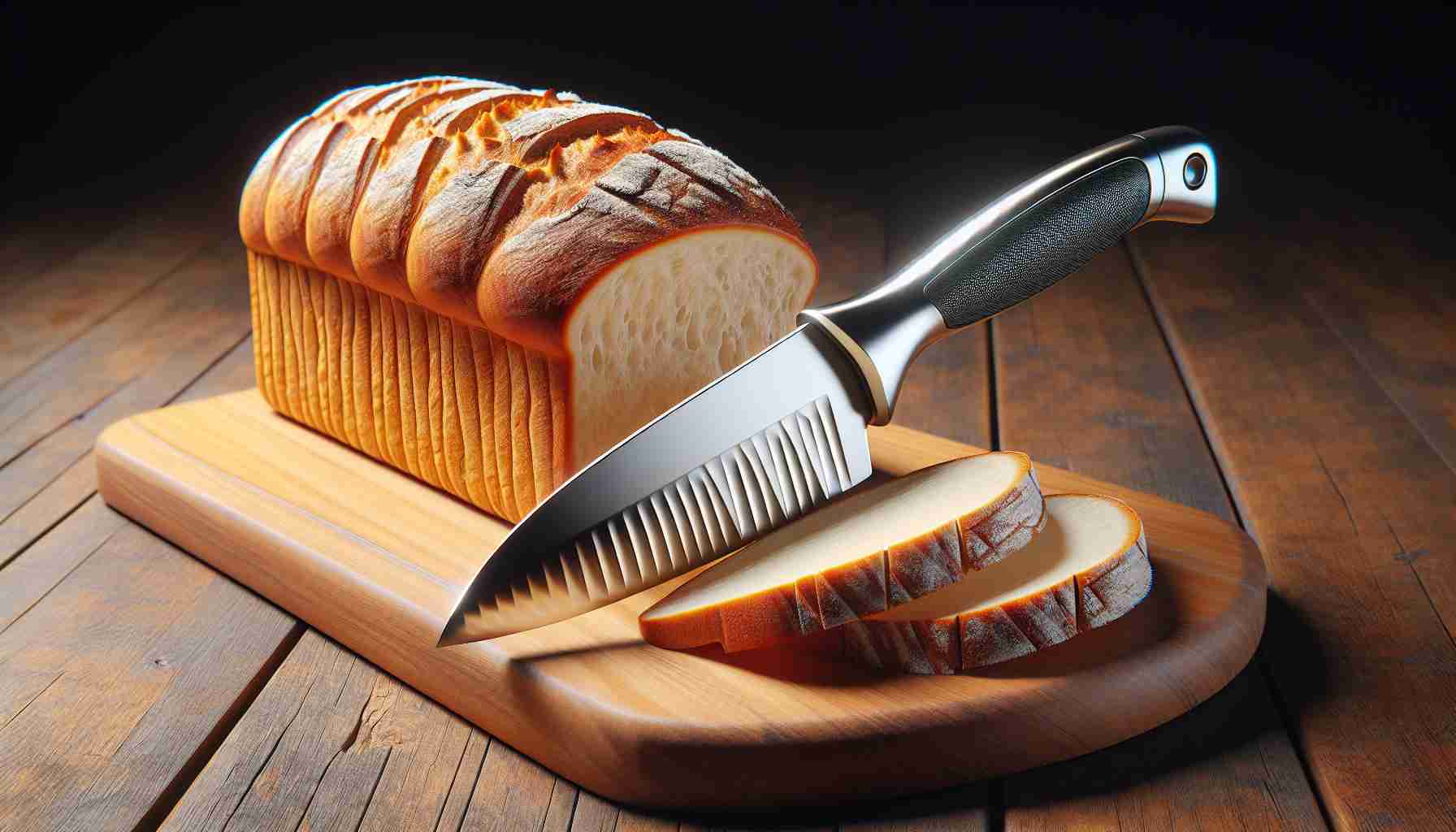 Create a high-definition, realistic image representing the concept of revolutionising the experience of slicing bread. This could include a novel, advanced and ergonomic bread knife placed next to a loaf of freshly baked bread on a wooden cutting board. The knife should have a shining, sharp blade and a comfortable handle for easy grip. The loaf of bread could infer freshly baked, with a golden crunchy crust and soft inside visible from the slices already made. Perhaps, there could also be a stop motion effect showing the process of slicing with the new knife, further enhancing the feeling of a revolutionized experience.