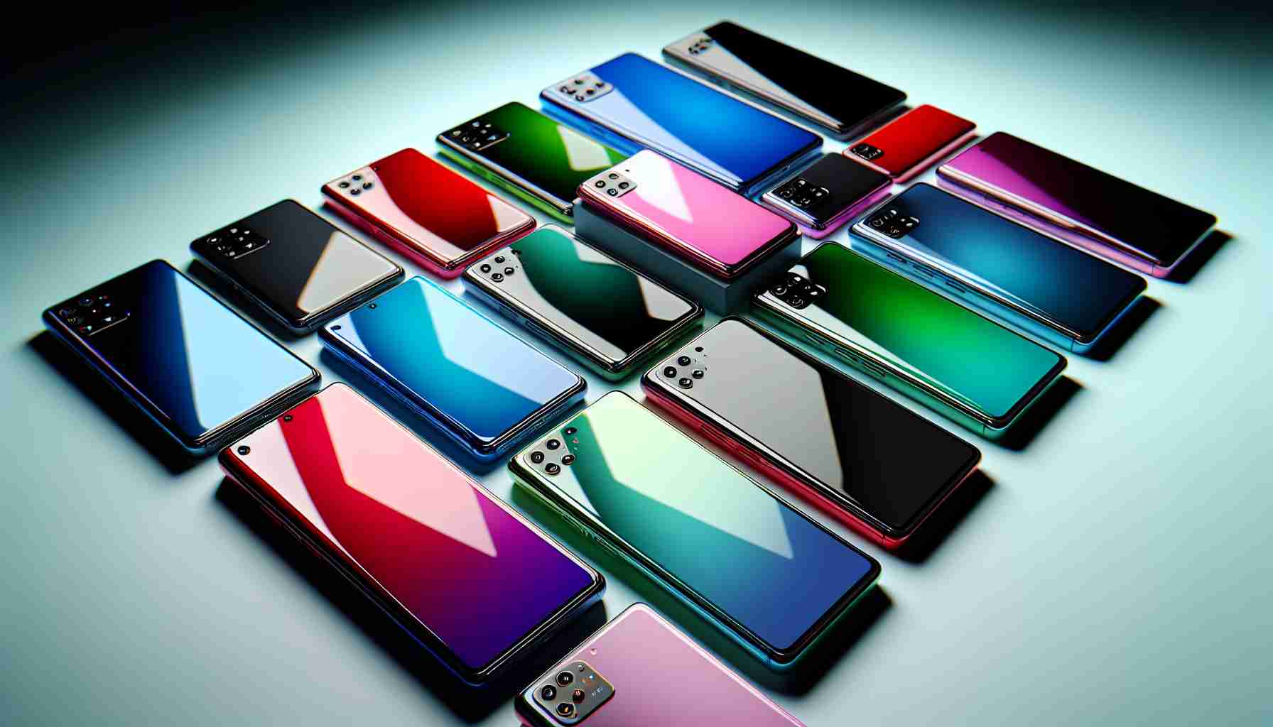 A realistic, high-definition depiction of the exciting trends in smartphone color options. Show various modern smartphones in an array of vibrant colours, such as electric blue, fiery red, emerald green, pastel pink, and sleek black. The phones should be neatly arranged in a neat layout and each should display a shiny, reflective sheen. Ensure the smartphones are designed in the style of the latest trends but without any specific brand affiliation.