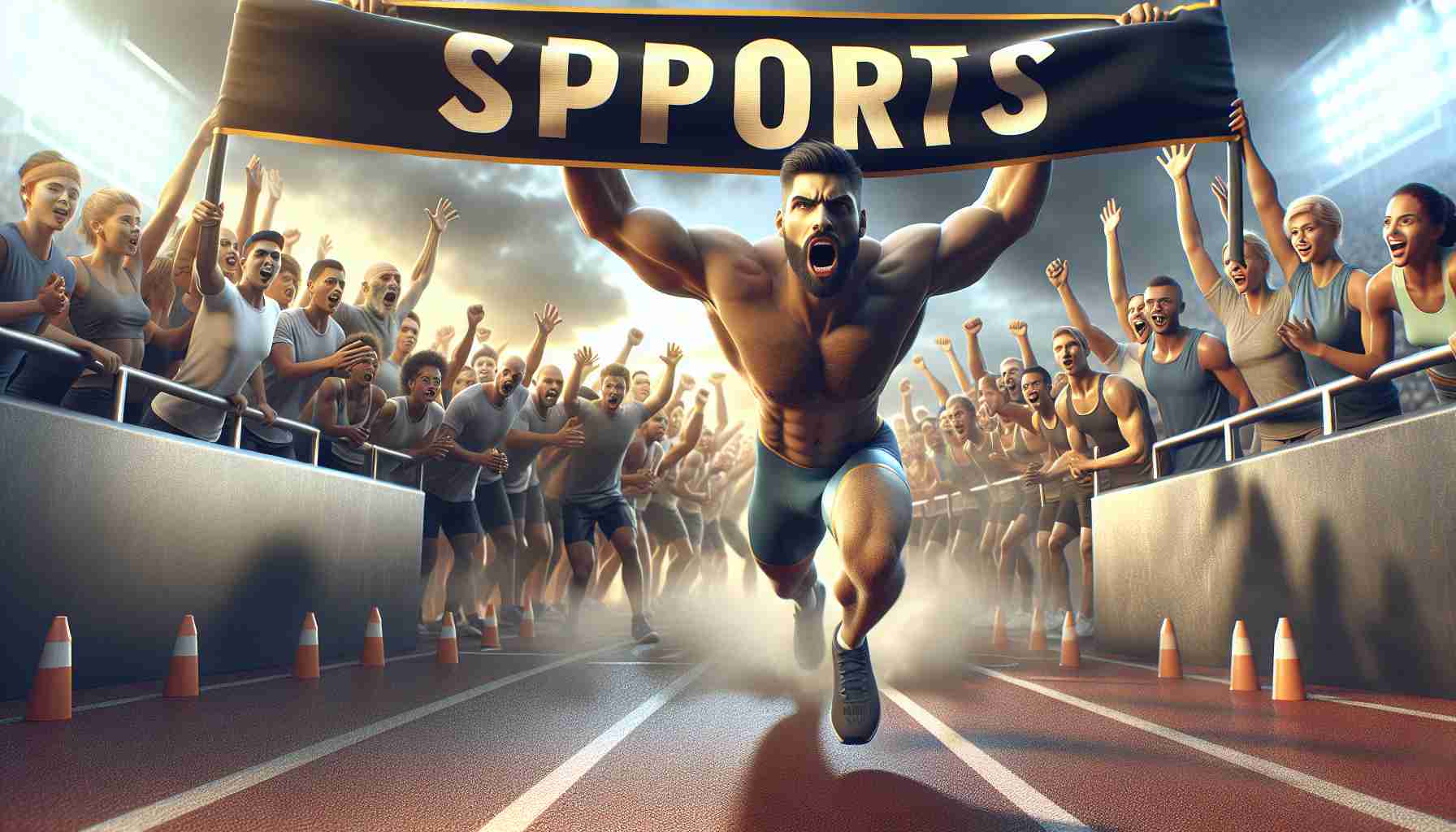 Create a photorealistic high-definition image featuring the dramatic unveiling of a new athletic challenge. Include a banner with synonyms for 'sports', such as 'athletics', 'competitions', 'games', 'physical activity'. The scene should show excited spectators of varying ages and descents including Middle-Eastern, Hispanic, and Caucasian. Also, represent a variety of genders in both, the athletes preparing for the challenge and the spectators.