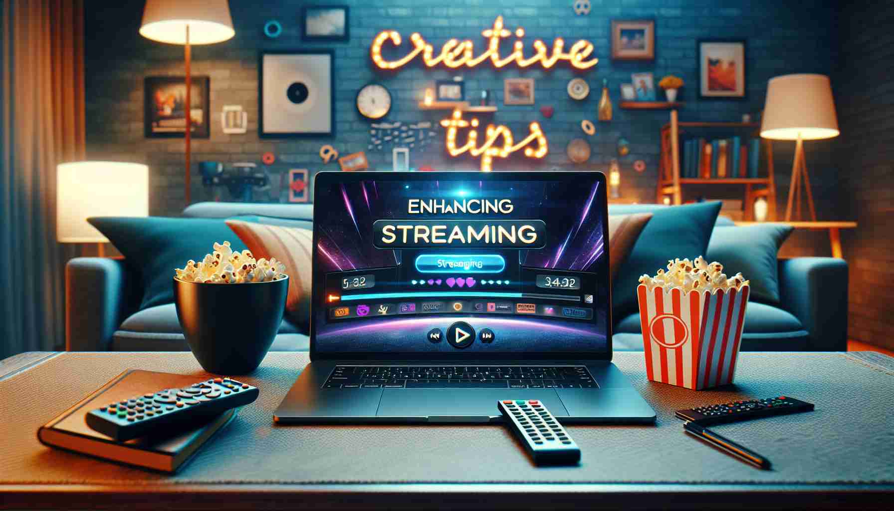 Create an HD, realistic picture capturing the concept of enhancing a streaming experience. Visualize this with a high-tech, sleek laptop displaying a generic streaming interface against a backdrop of a comfy, well-lit living room filled with movie-themed decorations. Ideally, include a bowl of popcorn, a remote control, and a notepad with 'creative tips' written on its cover, symbolizing useful advice for improving the viewing experience.