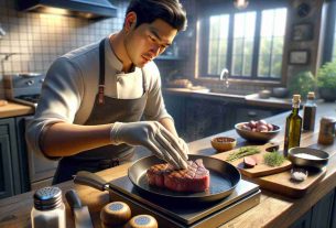 A high definition, realistic image focused on the art of mastering steak doneness without using a thermometer. Depict a scene where a chef, of an East Asian descent, is preparing a mouth-watering steak on a sizzling skillet. The chef is using the palm of their hand to feel the firmness of the meat, hence gauging its doneness. Around them should be an array of kitchen setting details like a chopping board with chopped herbs, salt, pepper, and a bottle of olive oil. The room light bathes the room in a warm and cozy glow.