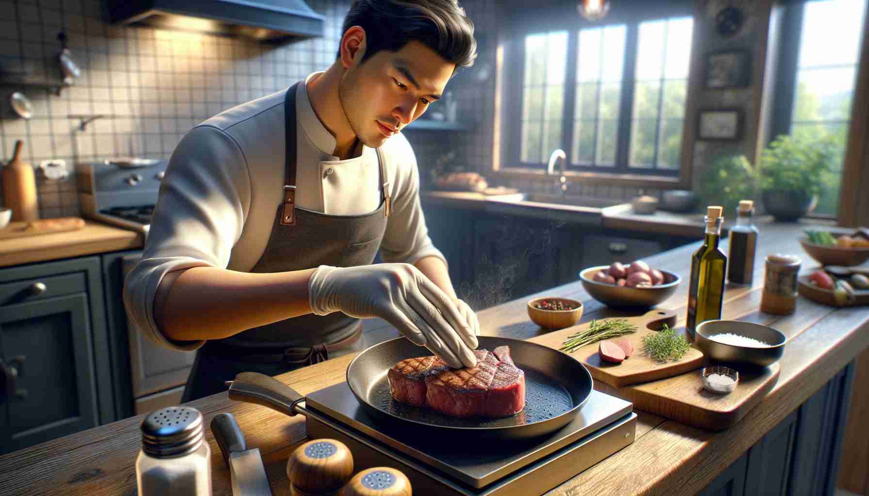 A high definition, realistic image focused on the art of mastering steak doneness without using a thermometer. Depict a scene where a chef, of an East Asian descent, is preparing a mouth-watering steak on a sizzling skillet. The chef is using the palm of their hand to feel the firmness of the meat, hence gauging its doneness. Around them should be an array of kitchen setting details like a chopping board with chopped herbs, salt, pepper, and a bottle of olive oil. The room light bathes the room in a warm and cozy glow.