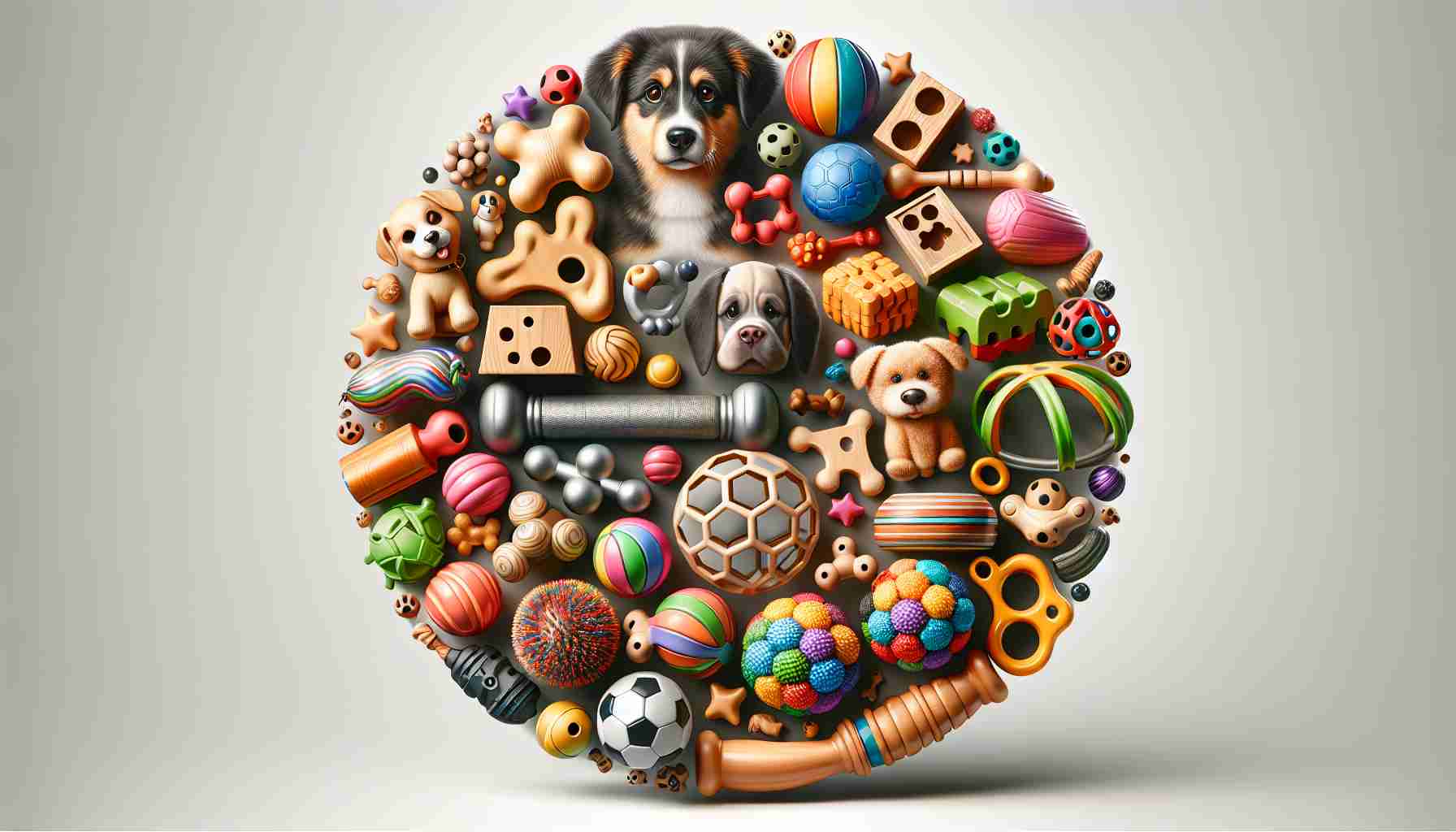 Create a realistic high-definition image showcasing an array of unique dog toys. These toys should illustrate inventiveness and charm, capable of keeping a puppy amused for extended periods. The assortment could include chew toys, puzzle toys, interactive toys, ball toys with hidden treats, tricky treat balls, stuffable toys and more. Maximize the feeling of variety, quality, and delight by including toys of different shapes, colors, and textures.