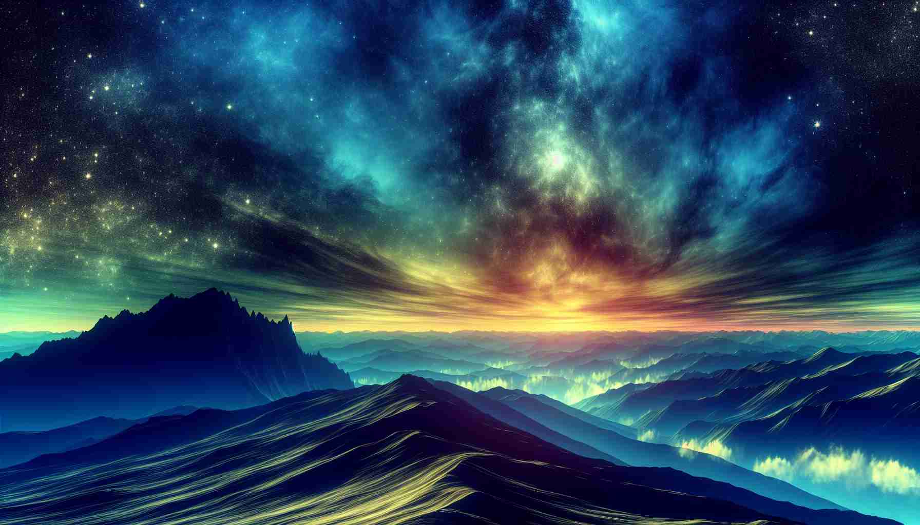 Artistically rendered scene of a distant, untouched horizon under a brilliantly lit sky. The summit of a rugged mountain range can be seen against the vivid background, creating a dramatic contrast. This untouched landscape whispers tales of unexplored territory, with potential for great discovery and adventure. The image is rendered in a breathtakingly realistic, high-definition style, brimming with intricate details that breathe life into the scene.