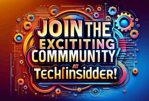 Realistic high definition image of a promotional banner. The banner reads 'Join the Exciting Community at TechInsider!'. It's vivid and vibrant, showcasing a tech-themed background filled with abstract shapes, lines and gears. The text is in a large, clear, modern font, and its color contrasts well with the background.