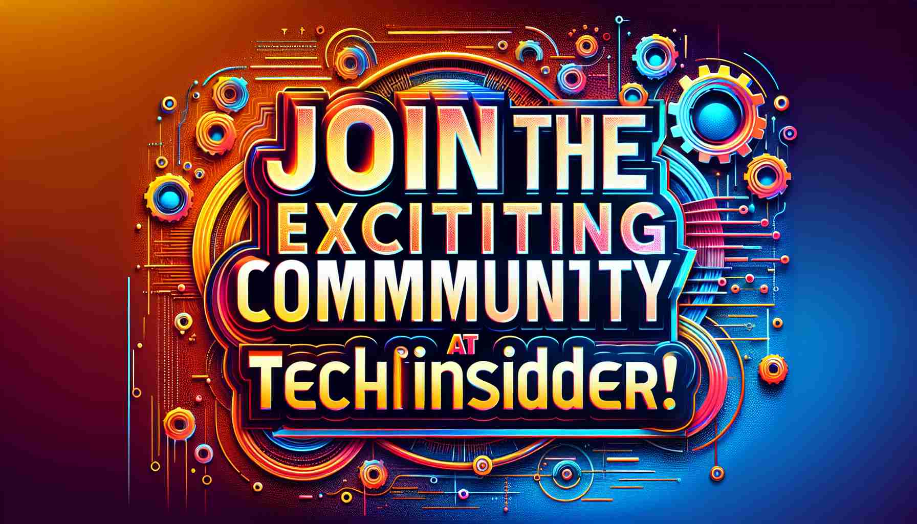 Realistic high definition image of a promotional banner. The banner reads 'Join the Exciting Community at TechInsider!'. It's vivid and vibrant, showcasing a tech-themed background filled with abstract shapes, lines and gears. The text is in a large, clear, modern font, and its color contrasts well with the background.