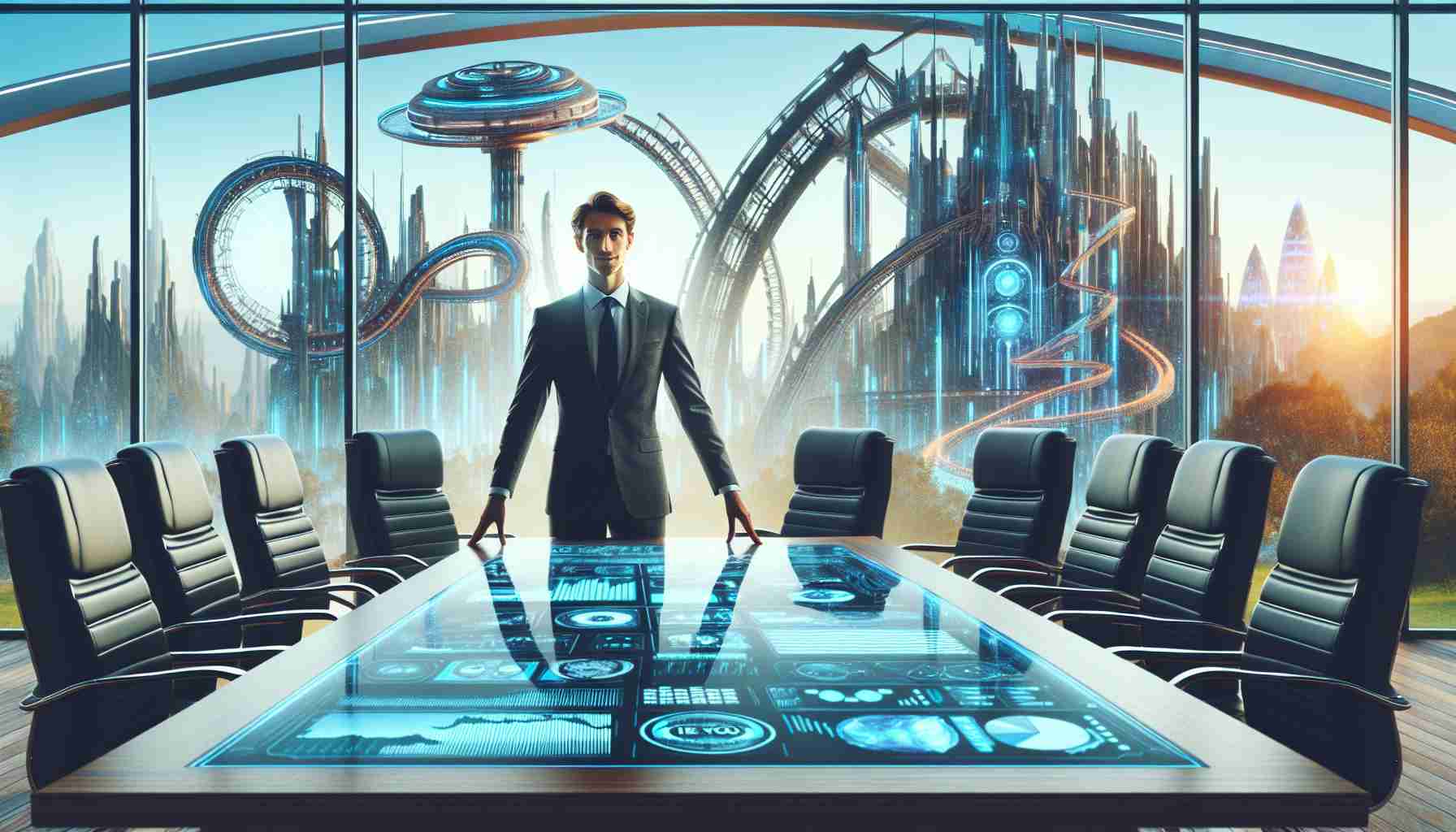 An image of a potential future CEO in the setting of a large entertainment corporation's boardroom. This person, whose identity isn't known yet, is envisioned as someone with an air of confidence and leadership. They are dressed in a formal business attire, standing next to a table filled with futuristic technologies. Behind them is a glass window overlooking a theme park filled with imaginative attractions, symbolizing the creative spirit of the company they are leading.